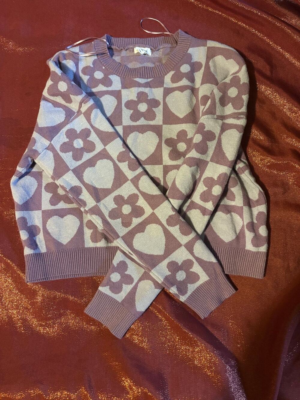 Debut Sweater Womens L Purple Heart Flower Checker Knit Pullover Long Sleeve
